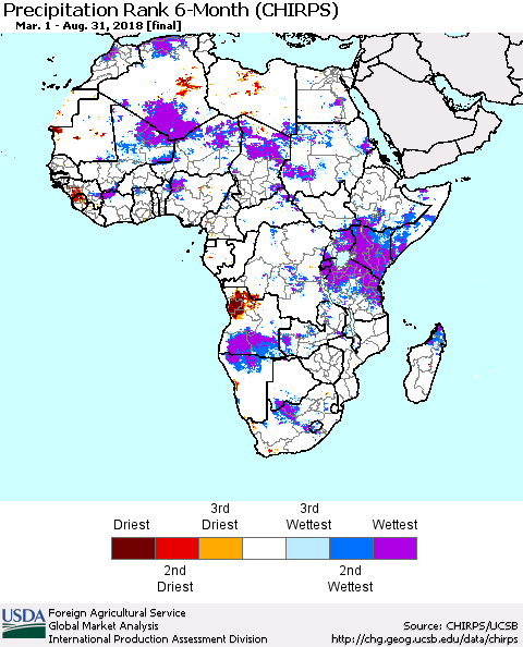 Africa Precipitation Rank since 1981, 6-Month (CHIRPS) Thematic Map For 3/1/2018 - 8/31/2018