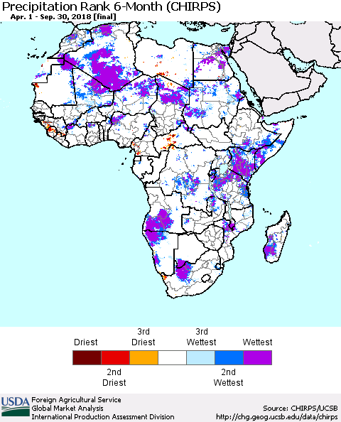 Africa Precipitation Rank since 1981, 6-Month (CHIRPS) Thematic Map For 4/1/2018 - 9/30/2018