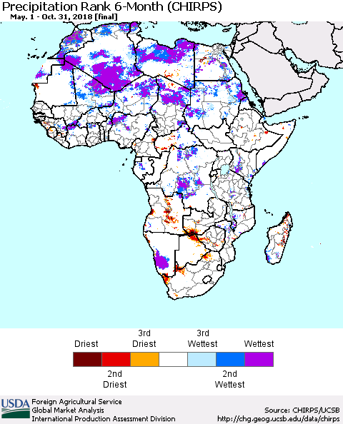 Africa Precipitation Rank since 1981, 6-Month (CHIRPS) Thematic Map For 5/1/2018 - 10/31/2018