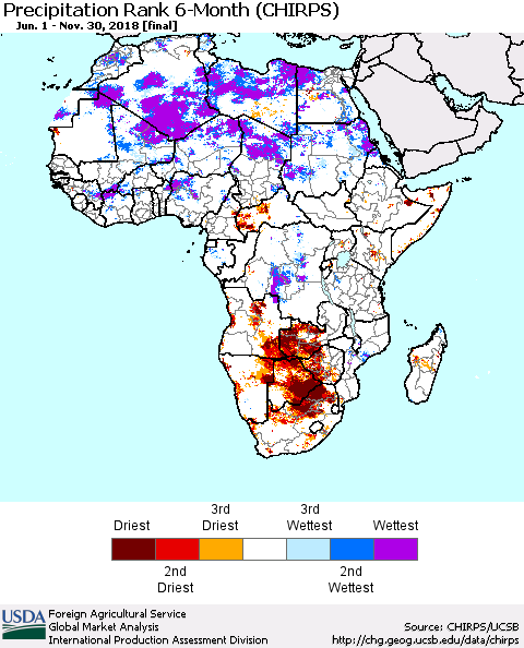 Africa Precipitation Rank since 1981, 6-Month (CHIRPS) Thematic Map For 6/1/2018 - 11/30/2018