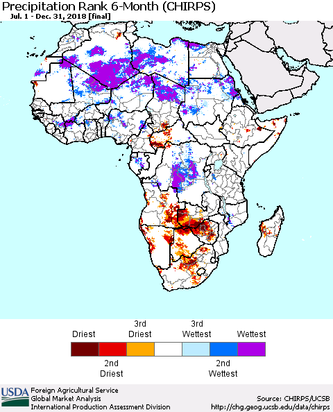Africa Precipitation Rank since 1981, 6-Month (CHIRPS) Thematic Map For 7/1/2018 - 12/31/2018