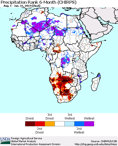 Africa Precipitation Rank since 1981, 6-Month (CHIRPS) Thematic Map For 8/1/2018 - 1/31/2019