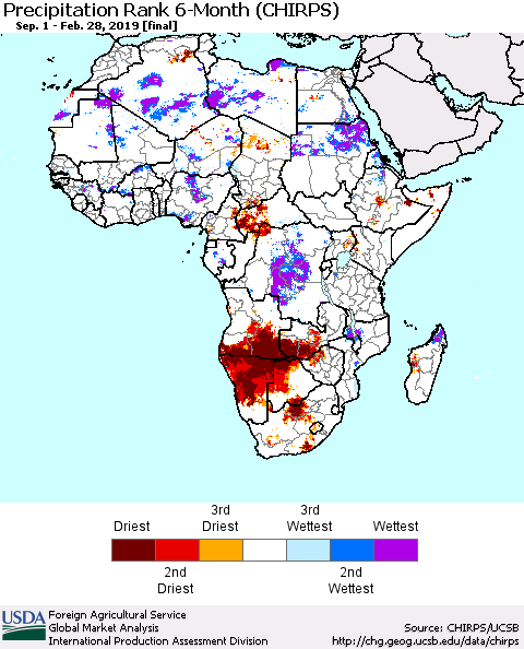 Africa Precipitation Rank since 1981, 6-Month (CHIRPS) Thematic Map For 9/1/2018 - 2/28/2019
