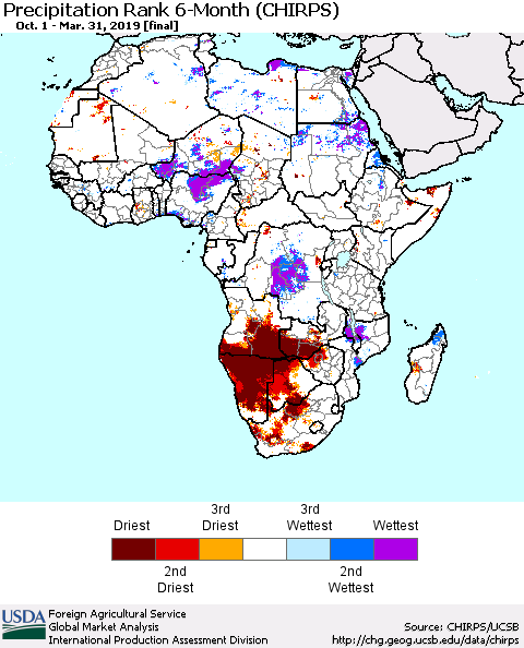Africa Precipitation Rank since 1981, 6-Month (CHIRPS) Thematic Map For 10/1/2018 - 3/31/2019