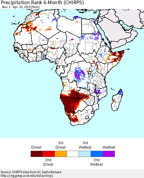 Africa Precipitation Rank since 1981, 6-Month (CHIRPS) Thematic Map For 11/1/2018 - 4/30/2019