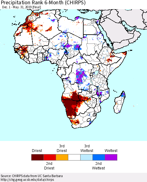 Africa Precipitation Rank since 1981, 6-Month (CHIRPS) Thematic Map For 12/1/2018 - 5/31/2019
