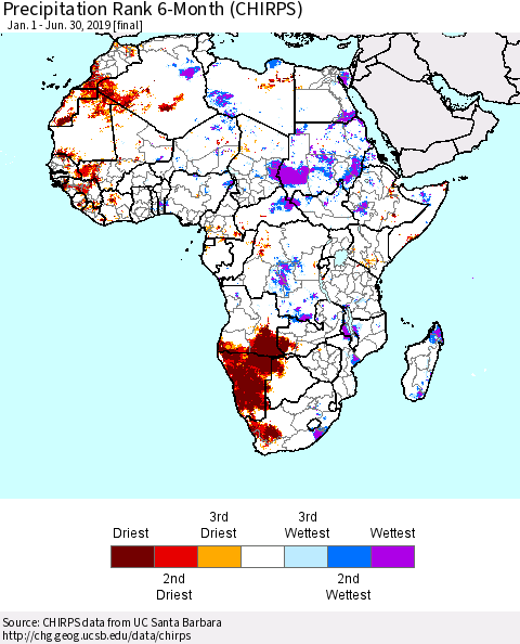 Africa Precipitation Rank since 1981, 6-Month (CHIRPS) Thematic Map For 1/1/2019 - 6/30/2019