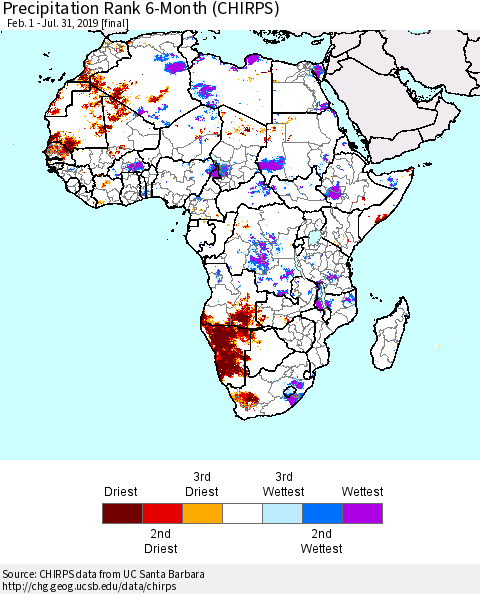 Africa Precipitation Rank since 1981, 6-Month (CHIRPS) Thematic Map For 2/1/2019 - 7/31/2019
