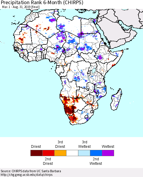 Africa Precipitation Rank since 1981, 6-Month (CHIRPS) Thematic Map For 3/1/2019 - 8/31/2019