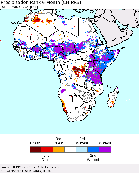 Africa Precipitation Rank since 1981, 6-Month (CHIRPS) Thematic Map For 10/1/2019 - 3/31/2020