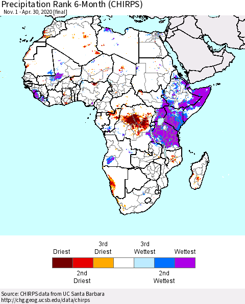 Africa Precipitation Rank since 1981, 6-Month (CHIRPS) Thematic Map For 11/1/2019 - 4/30/2020