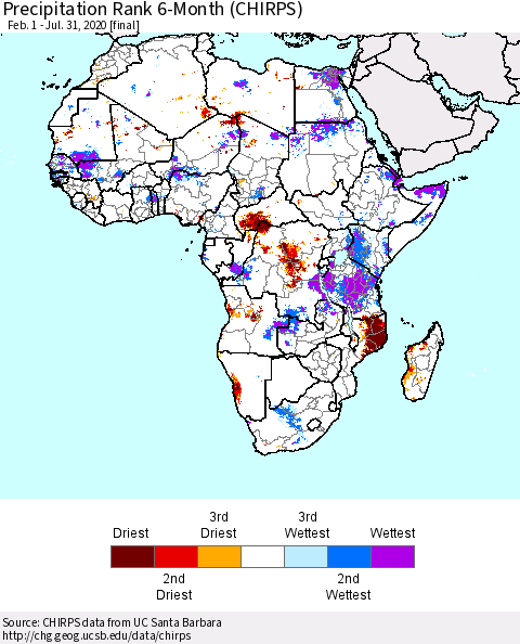 Africa Precipitation Rank since 1981, 6-Month (CHIRPS) Thematic Map For 2/1/2020 - 7/31/2020