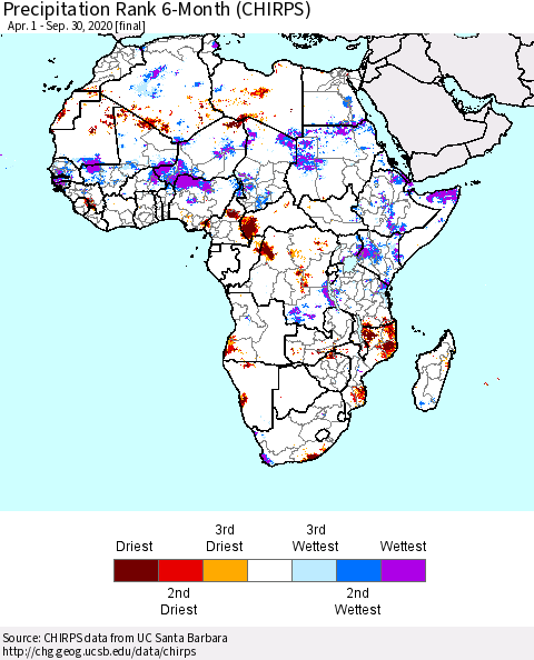 Africa Precipitation Rank since 1981, 6-Month (CHIRPS) Thematic Map For 4/1/2020 - 9/30/2020