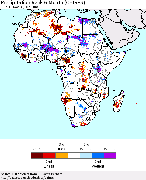 Africa Precipitation Rank 6-Month (CHIRPS) Thematic Map For 6/1/2020 - 11/30/2020