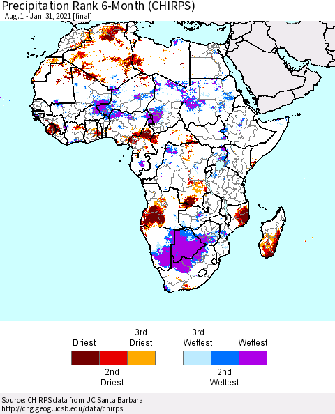 Africa Precipitation Rank 6-Month (CHIRPS) Thematic Map For 8/1/2020 - 1/31/2021