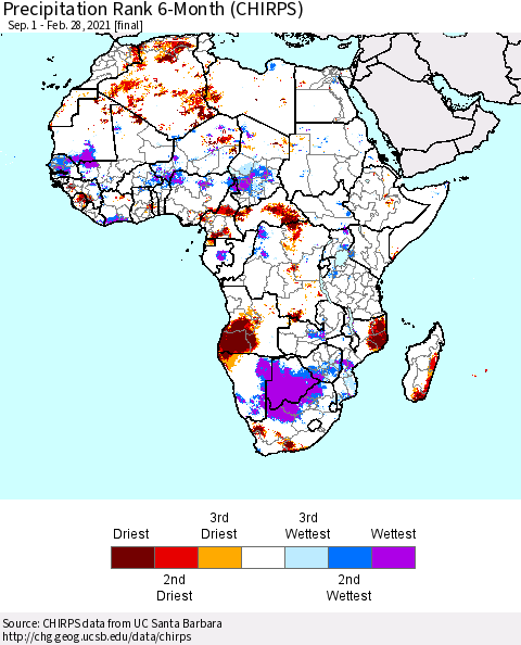Africa Precipitation Rank 6-Month (CHIRPS) Thematic Map For 9/1/2020 - 2/28/2021