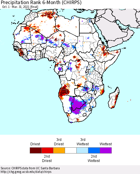 Africa Precipitation Rank since 1981, 6-Month (CHIRPS) Thematic Map For 10/1/2020 - 3/31/2021