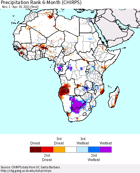 Africa Precipitation Rank since 1981, 6-Month (CHIRPS) Thematic Map For 11/1/2020 - 4/30/2021