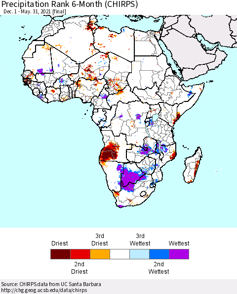 Africa Precipitation Rank 6-Month (CHIRPS) Thematic Map For 12/1/2020 - 5/31/2021