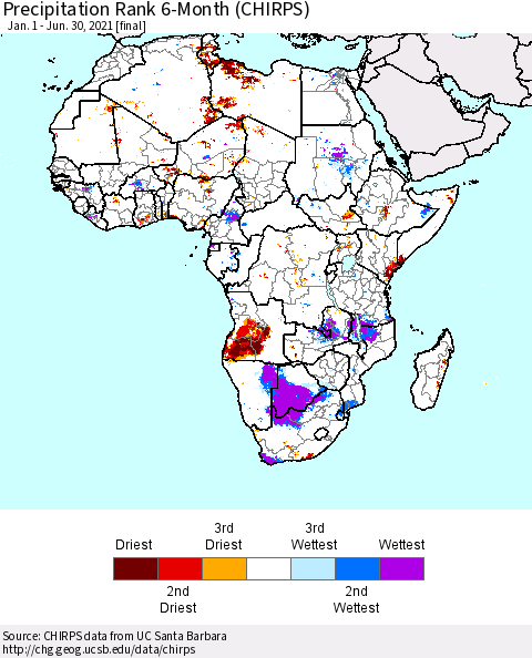 Africa Precipitation Rank 6-Month (CHIRPS) Thematic Map For 1/1/2021 - 6/30/2021