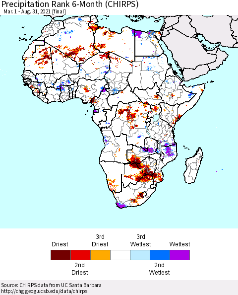 Africa Precipitation Rank 6-Month (CHIRPS) Thematic Map For 3/1/2021 - 8/31/2021
