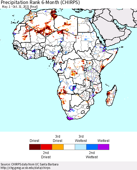 Africa Precipitation Rank 6-Month (CHIRPS) Thematic Map For 5/1/2021 - 10/31/2021