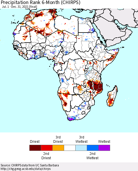 Africa Precipitation Rank 6-Month (CHIRPS) Thematic Map For 7/1/2021 - 12/31/2021