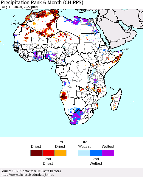Africa Precipitation Rank 6-Month (CHIRPS) Thematic Map For 8/1/2021 - 1/31/2022