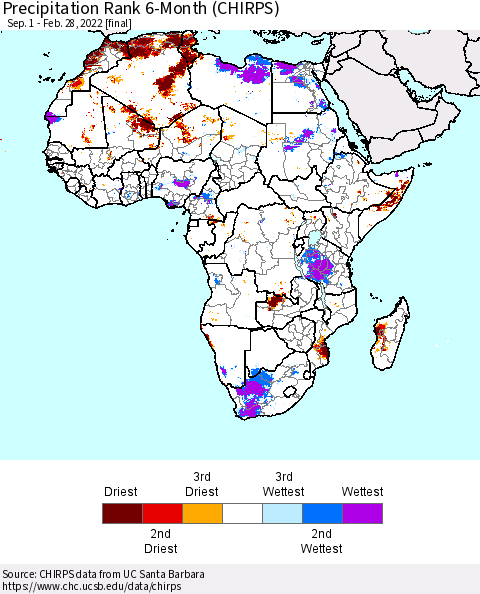 Africa Precipitation Rank 6-Month (CHIRPS) Thematic Map For 9/1/2021 - 2/28/2022