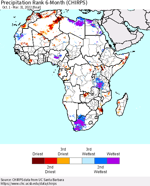 Africa Precipitation Rank 6-Month (CHIRPS) Thematic Map For 10/1/2021 - 3/31/2022