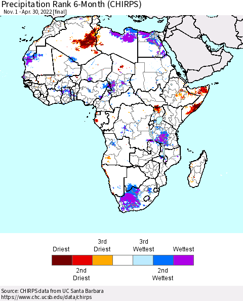 Africa Precipitation Rank 6-Month (CHIRPS) Thematic Map For 11/1/2021 - 4/30/2022