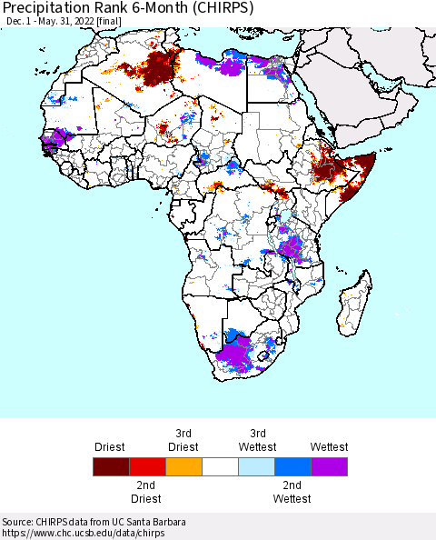Africa Precipitation Rank since 1981, 6-Month (CHIRPS) Thematic Map For 12/1/2021 - 5/31/2022