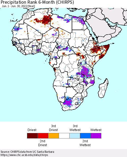 Africa Precipitation Rank 6-Month (CHIRPS) Thematic Map For 1/1/2022 - 6/30/2022