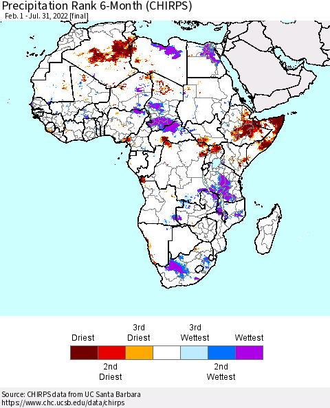 Africa Precipitation Rank 6-Month (CHIRPS) Thematic Map For 2/1/2022 - 7/31/2022