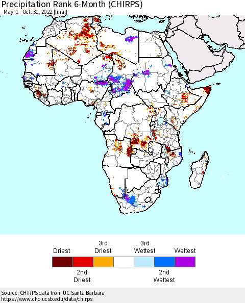 Africa Precipitation Rank 6-Month (CHIRPS) Thematic Map For 5/1/2022 - 10/31/2022