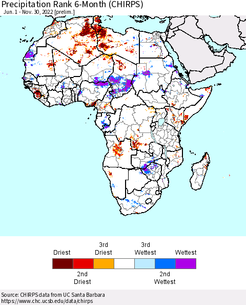 Africa Precipitation Rank 6-Month (CHIRPS) Thematic Map For 6/1/2022 - 11/30/2022