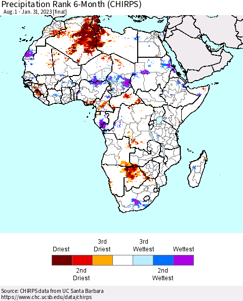 Africa Precipitation Rank 6-Month (CHIRPS) Thematic Map For 8/1/2022 - 1/31/2023