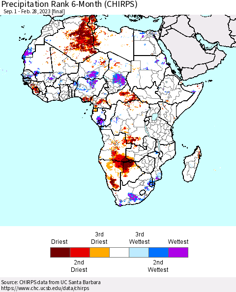 Africa Precipitation Rank 6-Month (CHIRPS) Thematic Map For 9/1/2022 - 2/28/2023