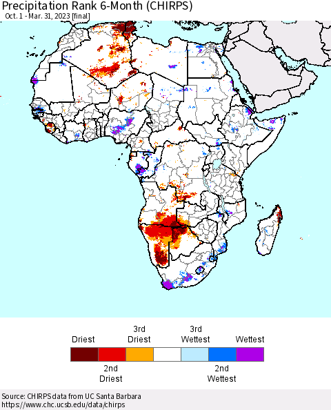Africa Precipitation Rank since 1981, 6-Month (CHIRPS) Thematic Map For 10/1/2022 - 3/31/2023