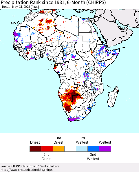 Africa Precipitation Rank since 1981, 6-Month (CHIRPS) Thematic Map For 12/1/2022 - 5/31/2023