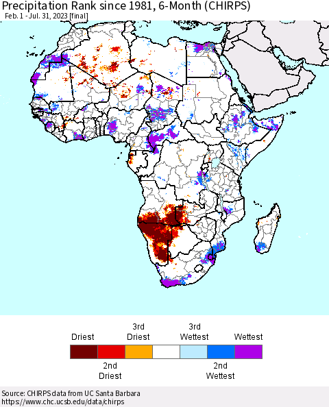 Africa Precipitation Rank since 1981, 6-Month (CHIRPS) Thematic Map For 2/1/2023 - 7/31/2023
