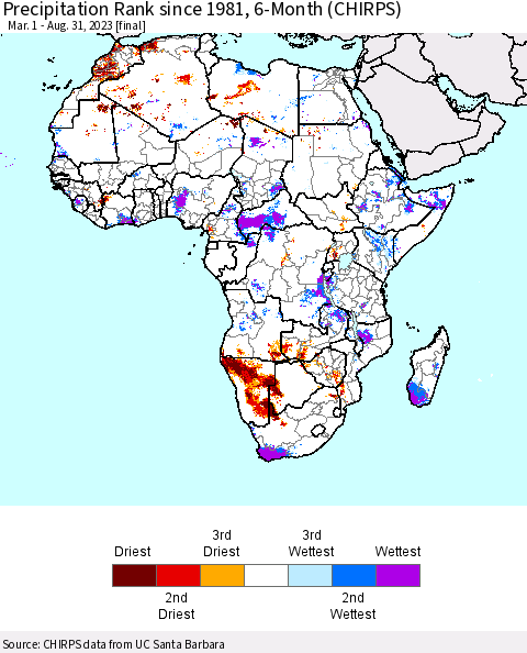 Africa Precipitation Rank since 1981, 6-Month (CHIRPS) Thematic Map For 3/1/2023 - 8/31/2023