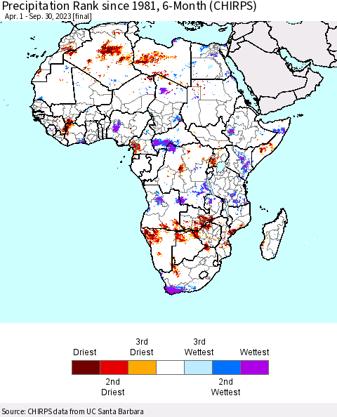 Africa Precipitation Rank since 1981, 6-Month (CHIRPS) Thematic Map For 4/1/2023 - 9/30/2023
