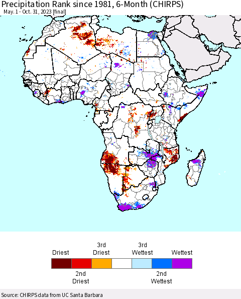 Africa Precipitation Rank since 1981, 6-Month (CHIRPS) Thematic Map For 5/1/2023 - 10/31/2023