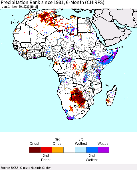 Africa Precipitation Rank since 1981, 6-Month (CHIRPS) Thematic Map For 6/1/2023 - 11/30/2023