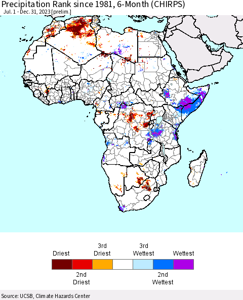 Africa Precipitation Rank since 1981, 6-Month (CHIRPS) Thematic Map For 7/1/2023 - 12/31/2023