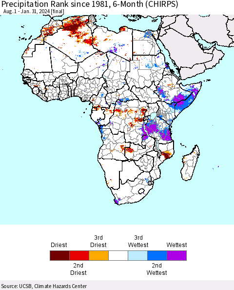 Africa Precipitation Rank since 1981, 6-Month (CHIRPS) Thematic Map For 8/1/2023 - 1/31/2024