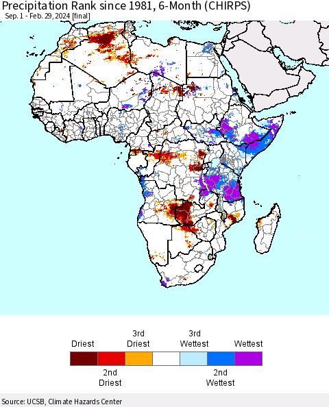 Africa Precipitation Rank since 1981, 6-Month (CHIRPS) Thematic Map For 9/1/2023 - 2/29/2024