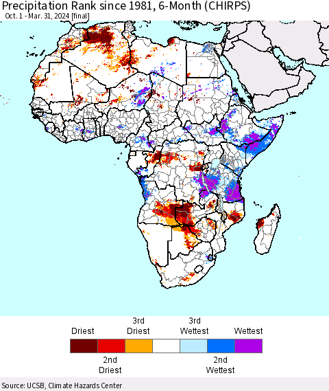Africa Precipitation Rank since 1981, 6-Month (CHIRPS) Thematic Map For 10/1/2023 - 3/31/2024