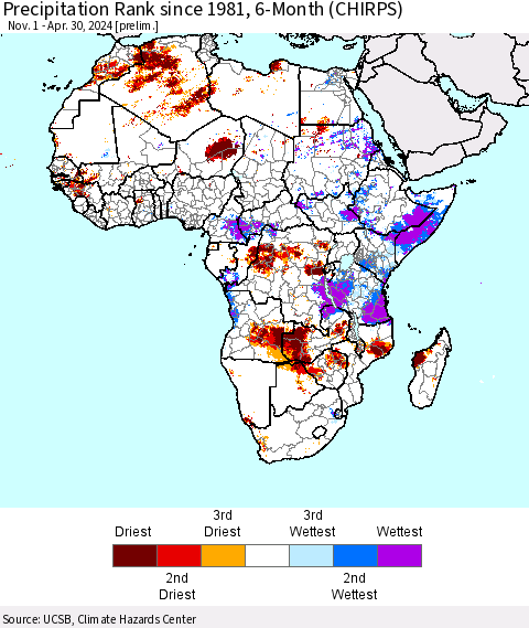 Africa Precipitation Rank since 1981, 6-Month (CHIRPS) Thematic Map For 11/1/2023 - 4/30/2024